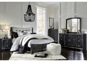 Image for Amrothi Black Queen Upholstered Panel Bed w/Dresser, Mirror and Nightstand