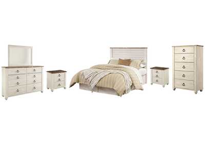Image for Willowton Queen/Full Panel Headboard Bed with Mirrored Dresser, Chest and 2 Nightstands