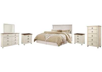 Image for Willowton King/California King Panel Headboard Bed with Mirrored Dresser, Chest and 2 Nightstands