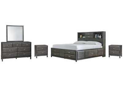Caitbrook Queen Storage Bed with 8 Storage Drawers with Mirrored Dresser and 2 Nightstands