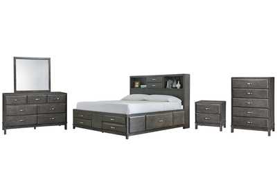 Caitbrook King Storage Bed with 8 Storage Drawers with Mirrored Dresser, Chest and Nightstand