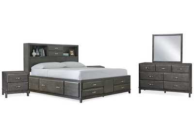 Caitbrook King Storage Bed with 8 Storage Drawers with Mirrored Dresser and 2 Nightstands