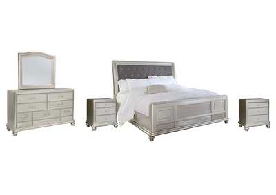 Coralayne California King Upholstered Sleigh Bed with Mirrored Dresser and 2 Nightstands,Signature Design By Ashley