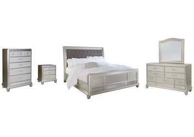 Coralayne King Upholstered Sleigh Bed with Mirrored Dresser, Chest and Nightstand,Signature Design By Ashley