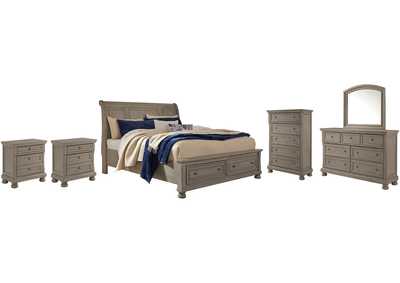 Lettner Queen Sleigh Bed with 2 Storage Drawers with Mirrored Dresser, Chest and 2 Nightstands,Signature Design By Ashley