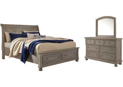 Image for Lettner King Sleigh Bed with 2 Storage Drawers with Mirrored Dresser