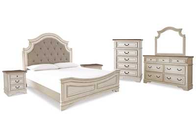Realyn King Upholstered Panel Bed, Dresser, Mirror, Chest and 2 Nightstands