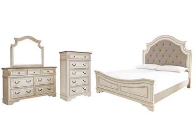 Image for Realyn Queen Upholstered Panel Bed with Mirrored Dresser and Chest