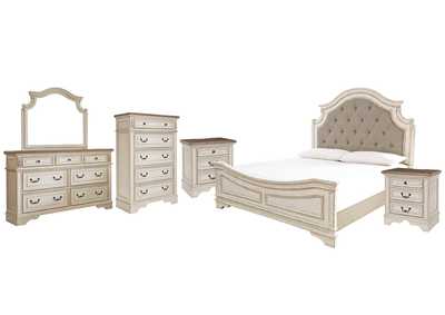 Image for Realyn Queen Upholstered Panel Bed with Mirrored Dresser, Chest and 2 Nightstands