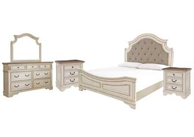 Realyn California King Upholstered Panel Bed with Mirrored Dresser and 2 Nightstands