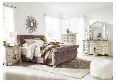 Image for Cassimore Pearl Silver Queen Upholstered Bed w/Dresser, Mirror, Drawer Chest and Nightstand