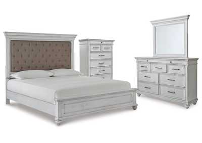 Kanwyn King Upholstered Panel Bed, Dresser, Mirror and Chest