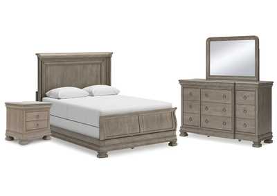 Lexorne Queen Sleigh Bed with Mirrored Dresser and Nightstand