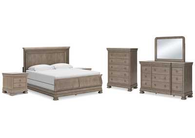 Lexorne King Sleigh Bed with Mirrored Dresser, Chest and 2 Nightstands