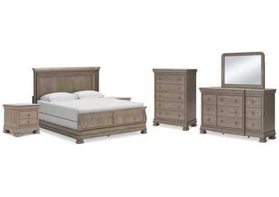 Lexorne California King Sleigh Bed with Mirrored Dresser, Chest and 2 Nightstands