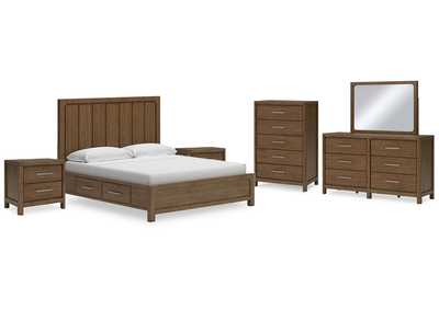 Cabalynn California King Panel Bed with Storage with Mirrored Dresser, Chest and 2 Nightstands