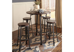 Image for Challiman Rustic Brown Round Dining Room Bar Table w/ 4 Tall Stools