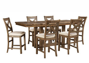 Image for Moriville Gray Rectangular Dining Room Counter Extension Table w/6 Upholstered Barstools