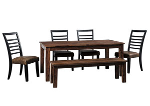 Image for Manishore Brown Rectangular Dining Room Table w/Bench and 4 Upholstered Side Chairs