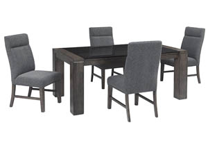 Image for Chansey Dark Gray Rectangular Glass Top Dining Room Table w/4 Upholstered Side Chairs