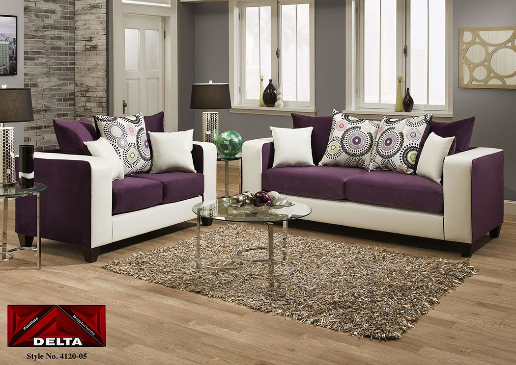 Implosion Purple/Demsey White Sofa and Loveseat,Atlantic Bedding & Furniture