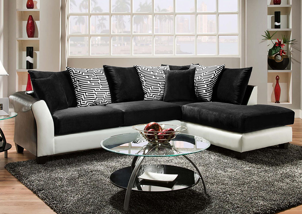 Jefferson Black-Avanti White/Implosion Black Sectional w/ Right Facing Chaise ,Atlantic Bedding & Furniture