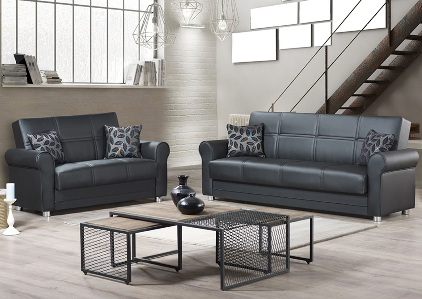 Avalon Plus Zen Black PU Sofabed & Loveseat,Ottomanson (Previously Casamode)