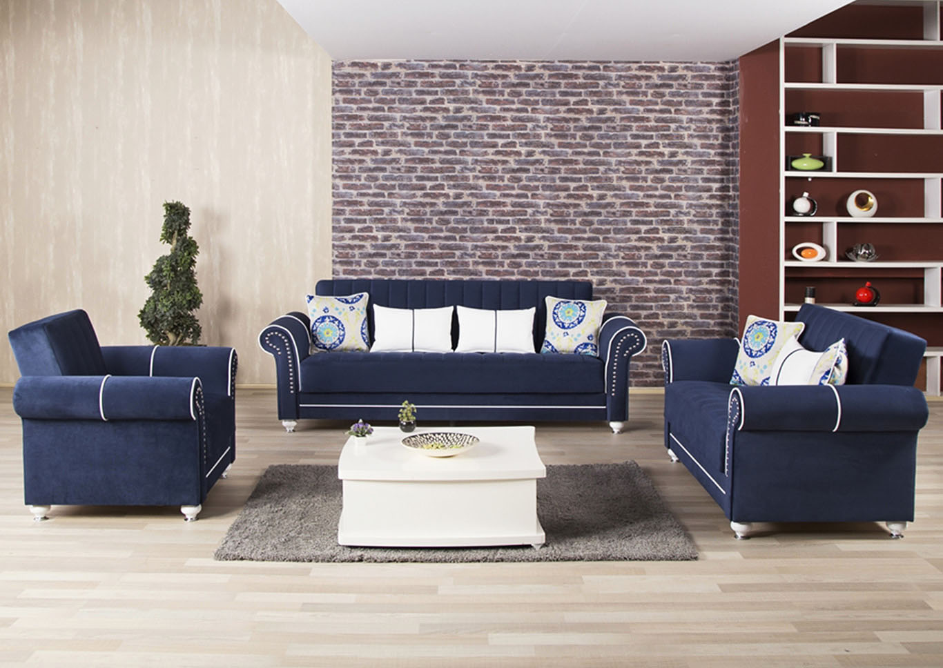 Royal Home Riva Dark Blue Microfiber Sofabed, Loveseat & Armchair,Ottomanson (Previously Casamode)