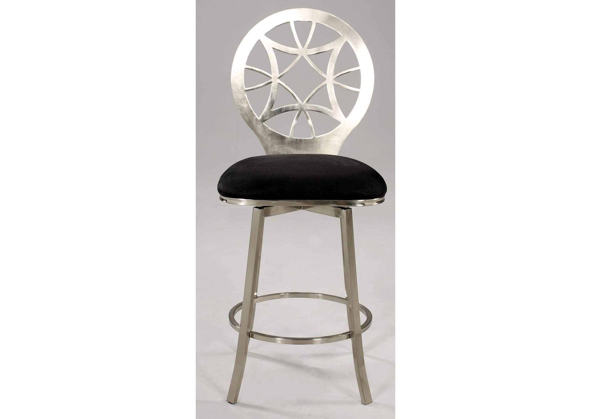 Brushed Nickel Laser Cut Round Back Memory Swivel Counter Stool,Chintaly Imports