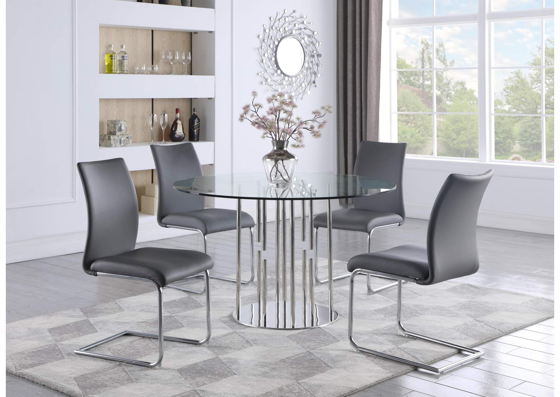 Dining Set With Contemporary Round Glass Table & Modern Contour-Back Chairs,Chintaly Imports