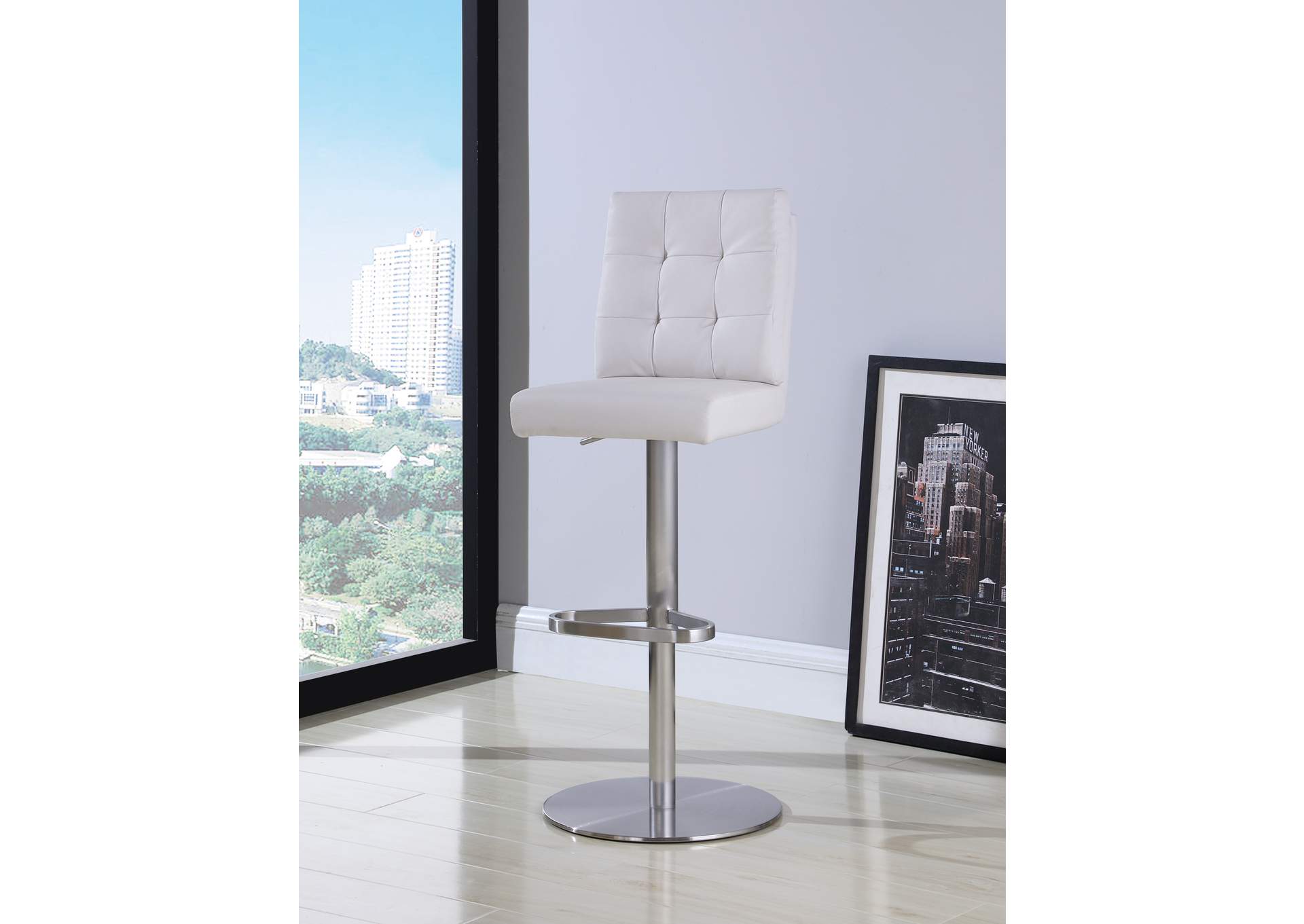 Brushed Stainless Steel Tufted Back Pneumatic-Adjustable Stool,Chintaly Imports