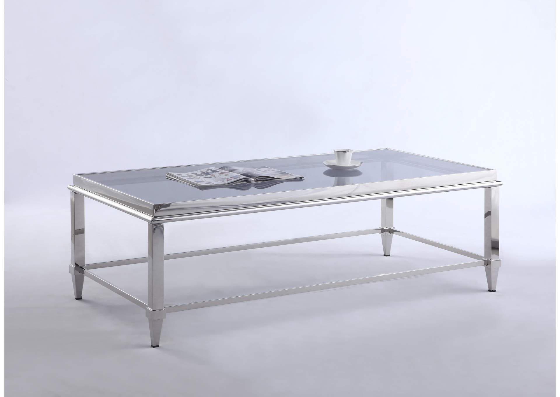 Polished SS Contemporary Rectangular Cocktail Table w/ Glass Top & Gray Trim,Chintaly Imports