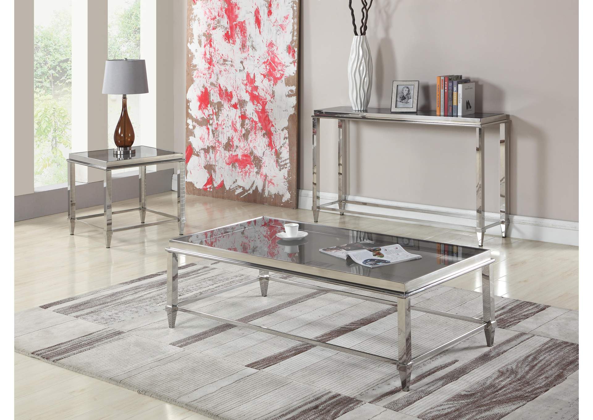 Polished SS Contemporary Rectangular Cocktail Table w/ Glass Top & Gray Trim,Chintaly Imports