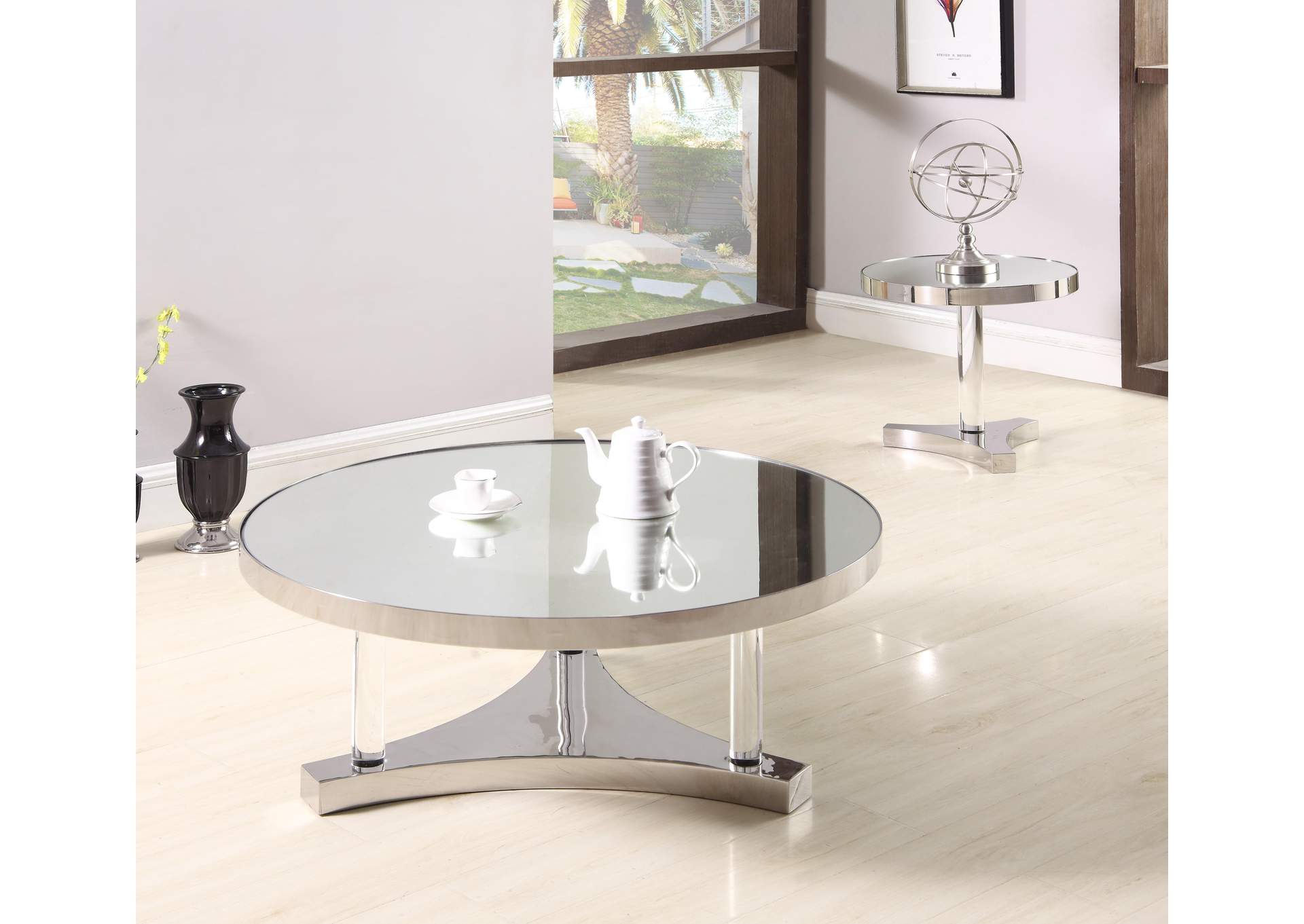 Polished SS Cocktail Table w/ Mirror Accent,Chintaly Imports