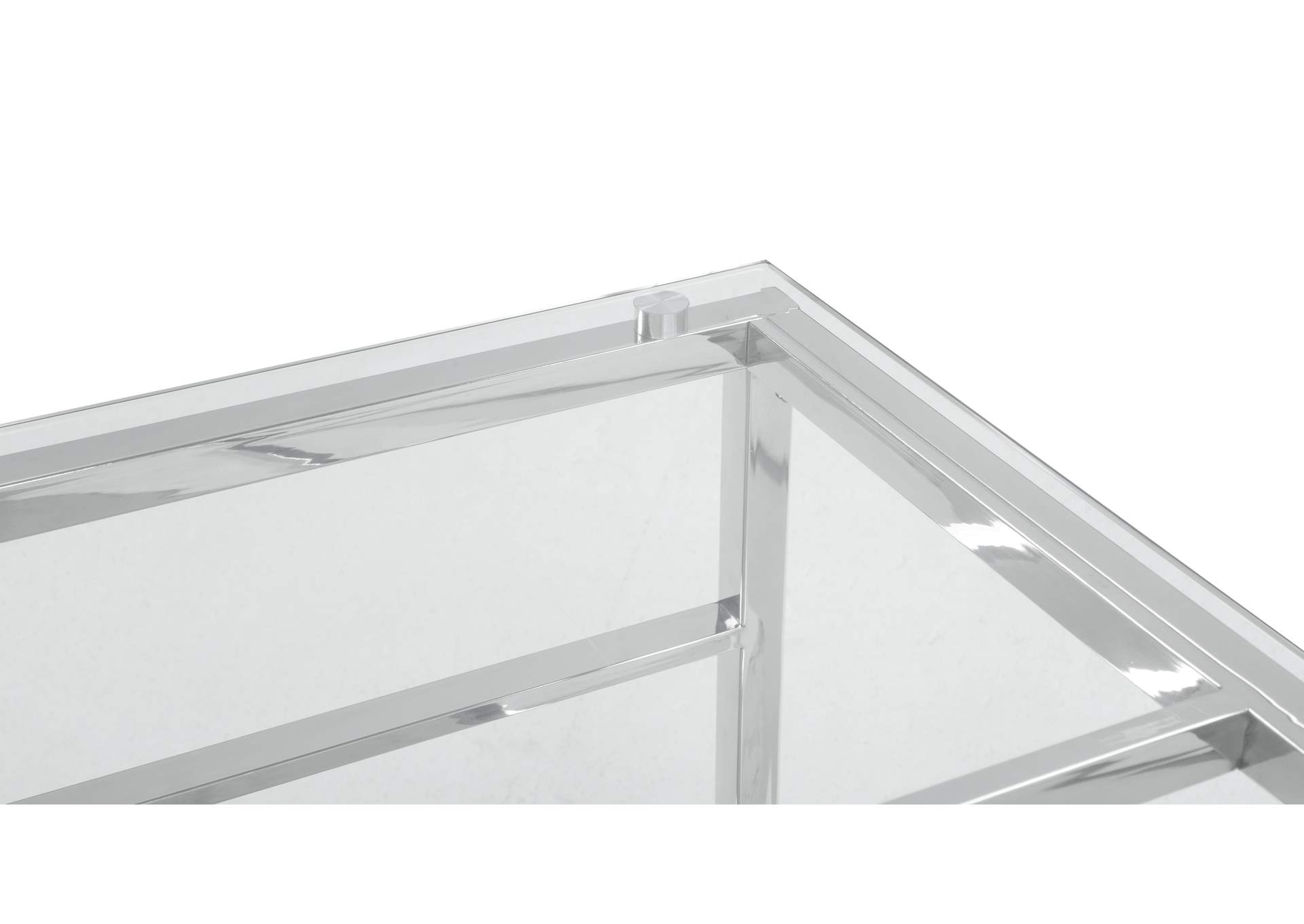 Clear & Polished Stainless Steel 39" Square Glass Top Cocktail Table w/ Ladder Style Frame,Chintaly Imports
