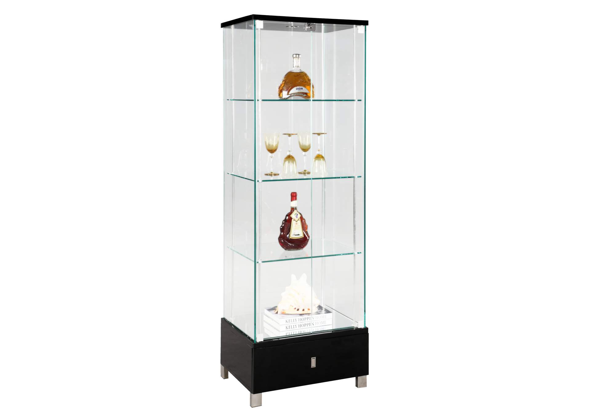 Contemporary Glass Curio w/ Shelves, Drawer & LED Lights,Chintaly Imports