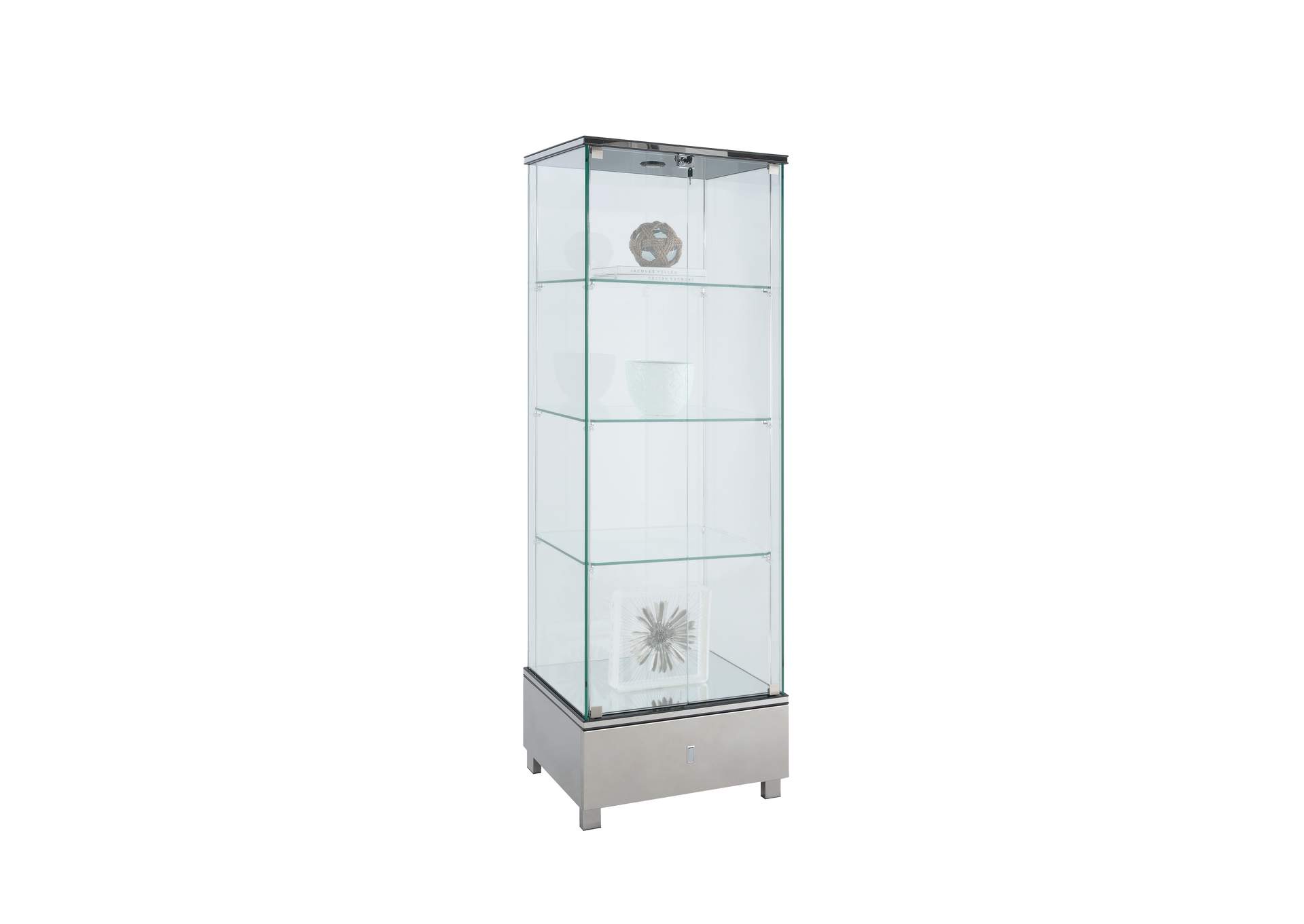 Contemporary Glass Curio w/ Shelves, Drawer & LED Lights,Chintaly Imports