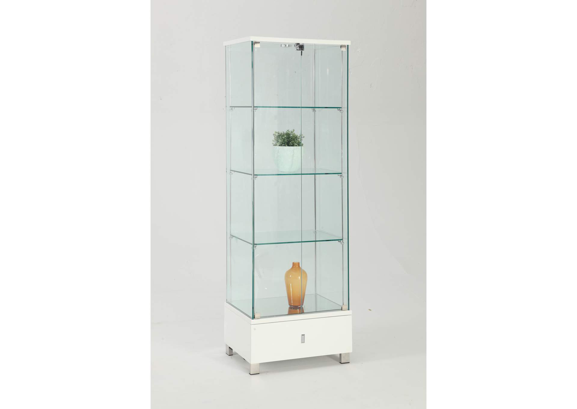 Contemporary Glass Curio With Shelves , Drawer & Led Lights,Chintaly Imports