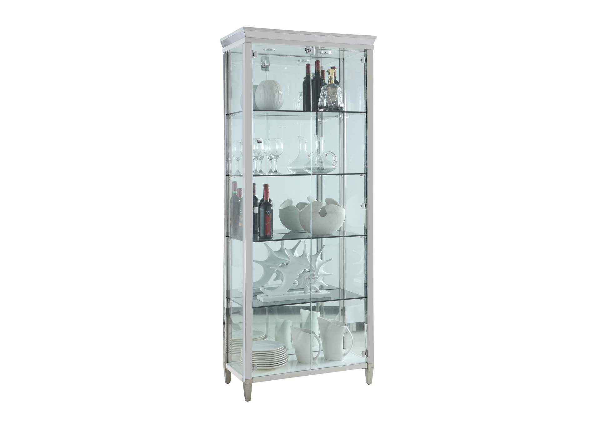 Contemporary Tempered Glass Curio With Shelves , Lighting & Locking Doors,Chintaly Imports