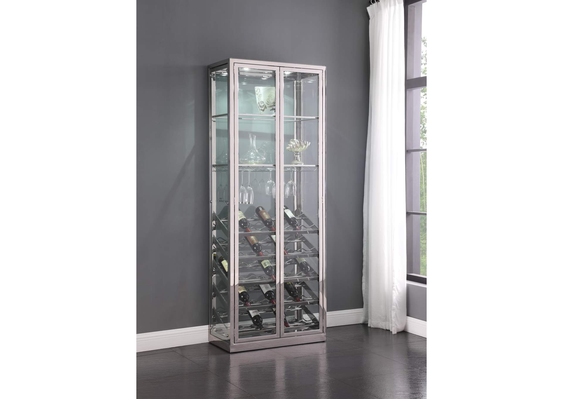 Contemporary Glass Curio With Wine & Stemware Racks,Chintaly Imports