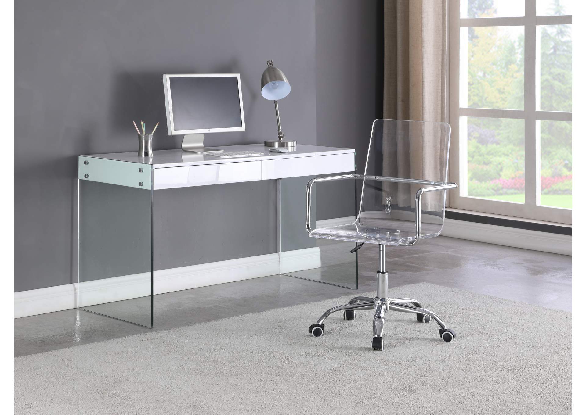 Contemporary Gloss White & Glass Desk,Chintaly Imports