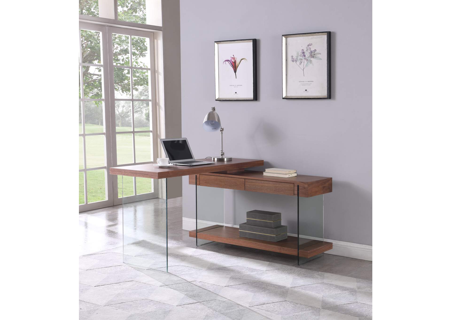 Modern Rotatable Glass & Wooden Desk w/ Drawers & Shelf,Chintaly Imports