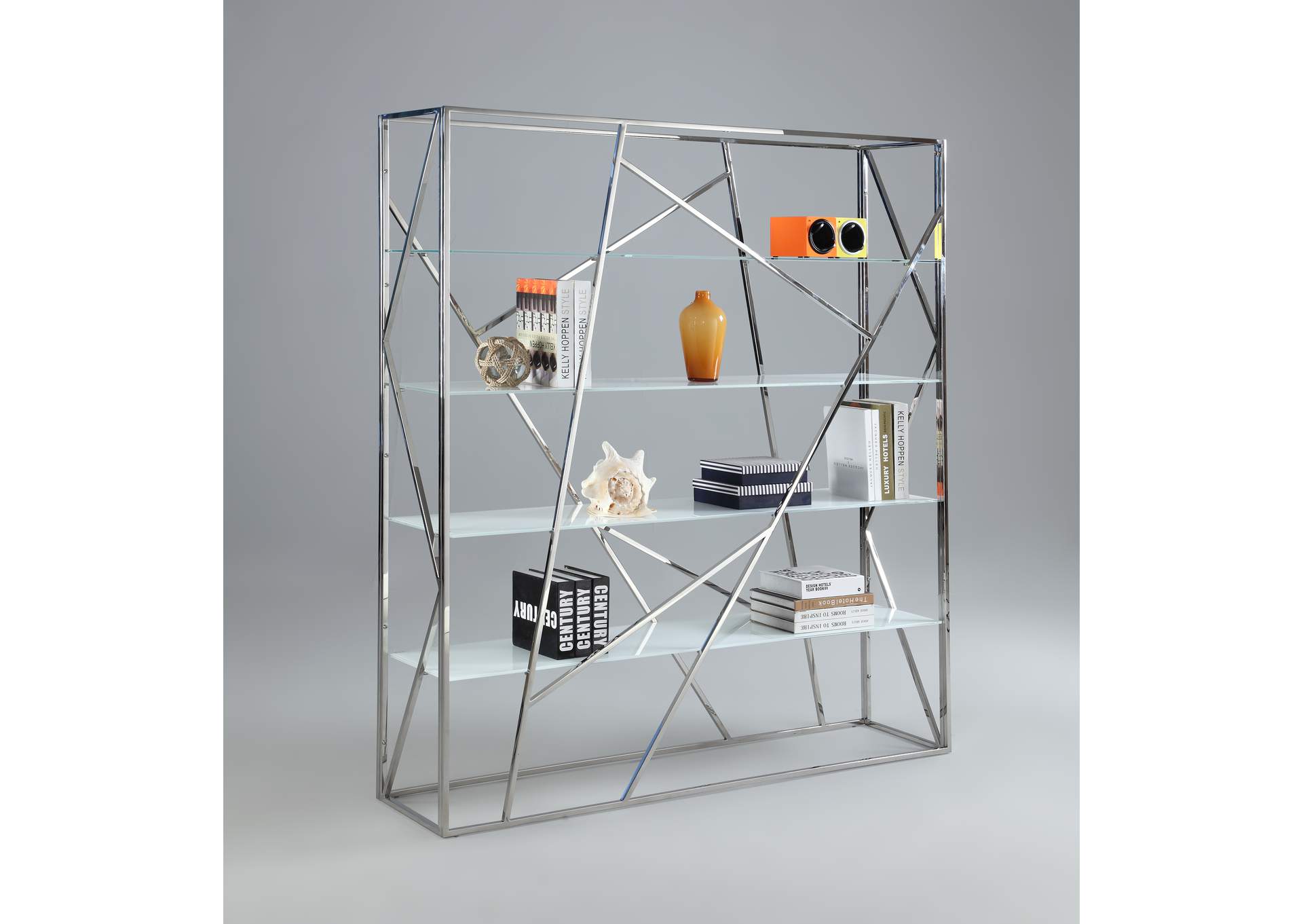 Art Deco Bookshelf w/ 4 Starphire Glass Shelves,Chintaly Imports