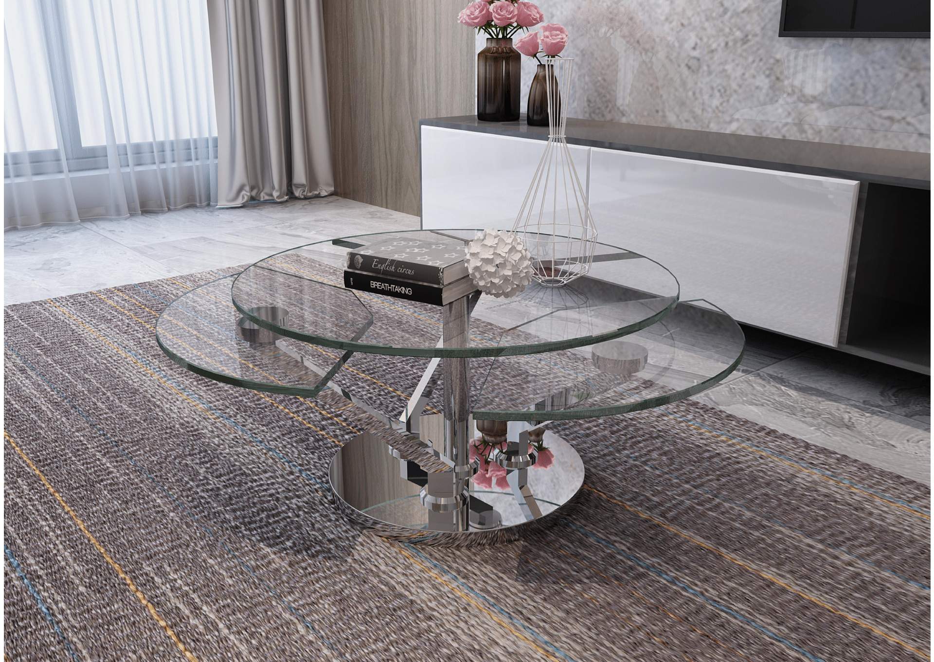 Contemporary Cocktail Table With Glass Top & Motion Shelves,Chintaly Imports