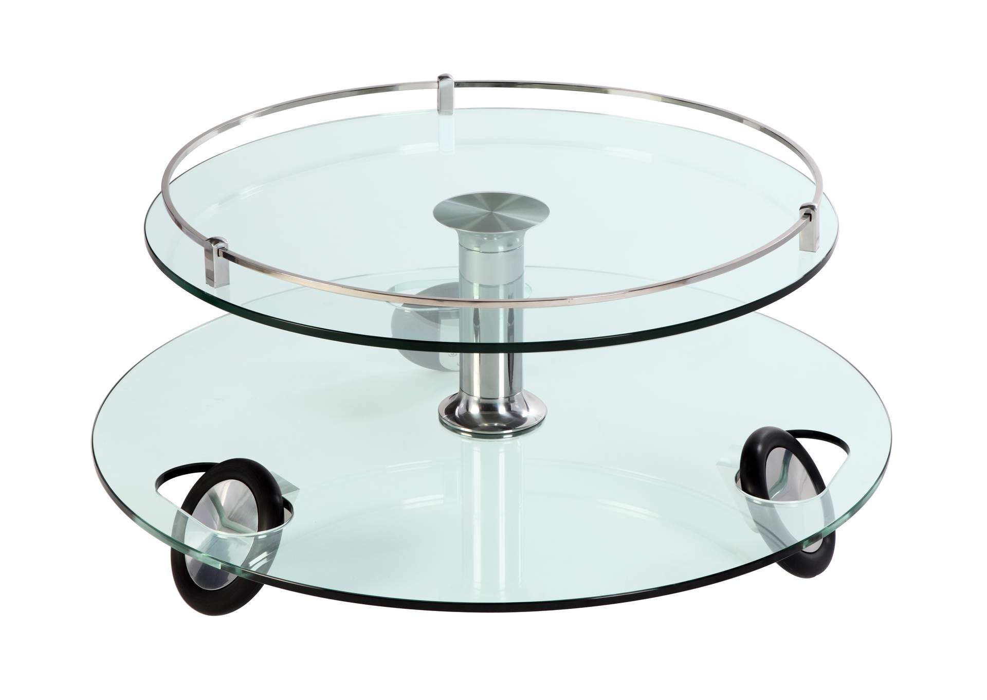 Glass/Chrome Contemporary Two-Tier Rolling Round Glass Cocktail Table,Chintaly Imports