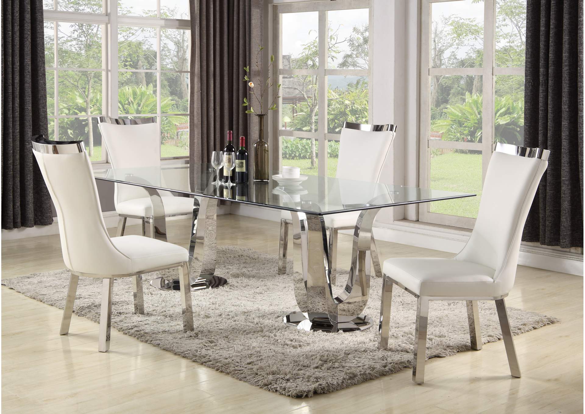 Glass Dining Room Table With White Leather Chairs