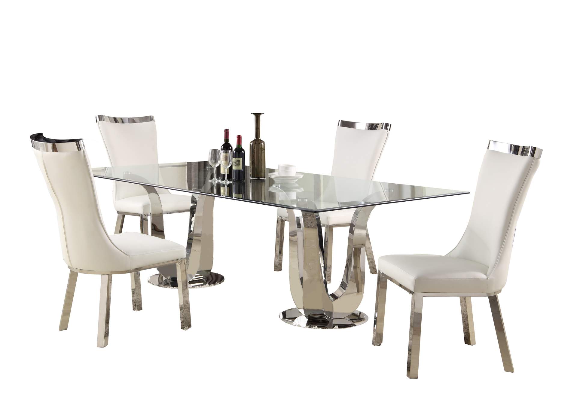 Contemporary Dining Set w/ Rectangular Glass Table & 4 White Chairs,Chintaly Imports