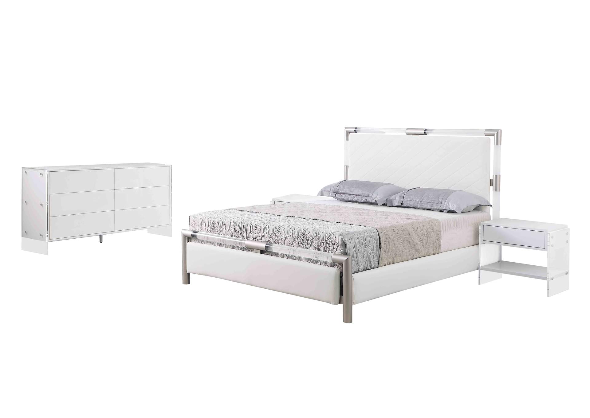 Upholstered Queen Bed w/ Solid Acrylic and Brushed Nickel Frame,Chintaly Imports