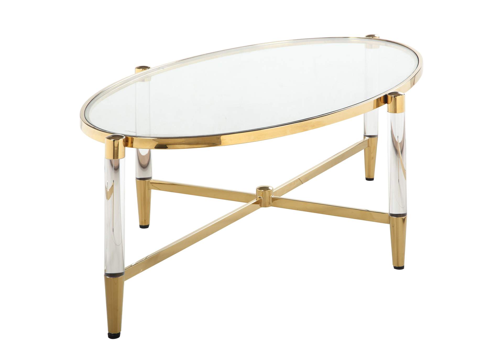 Denali Brass Oval Tempered Glass Cocktail Table,Chintaly Imports