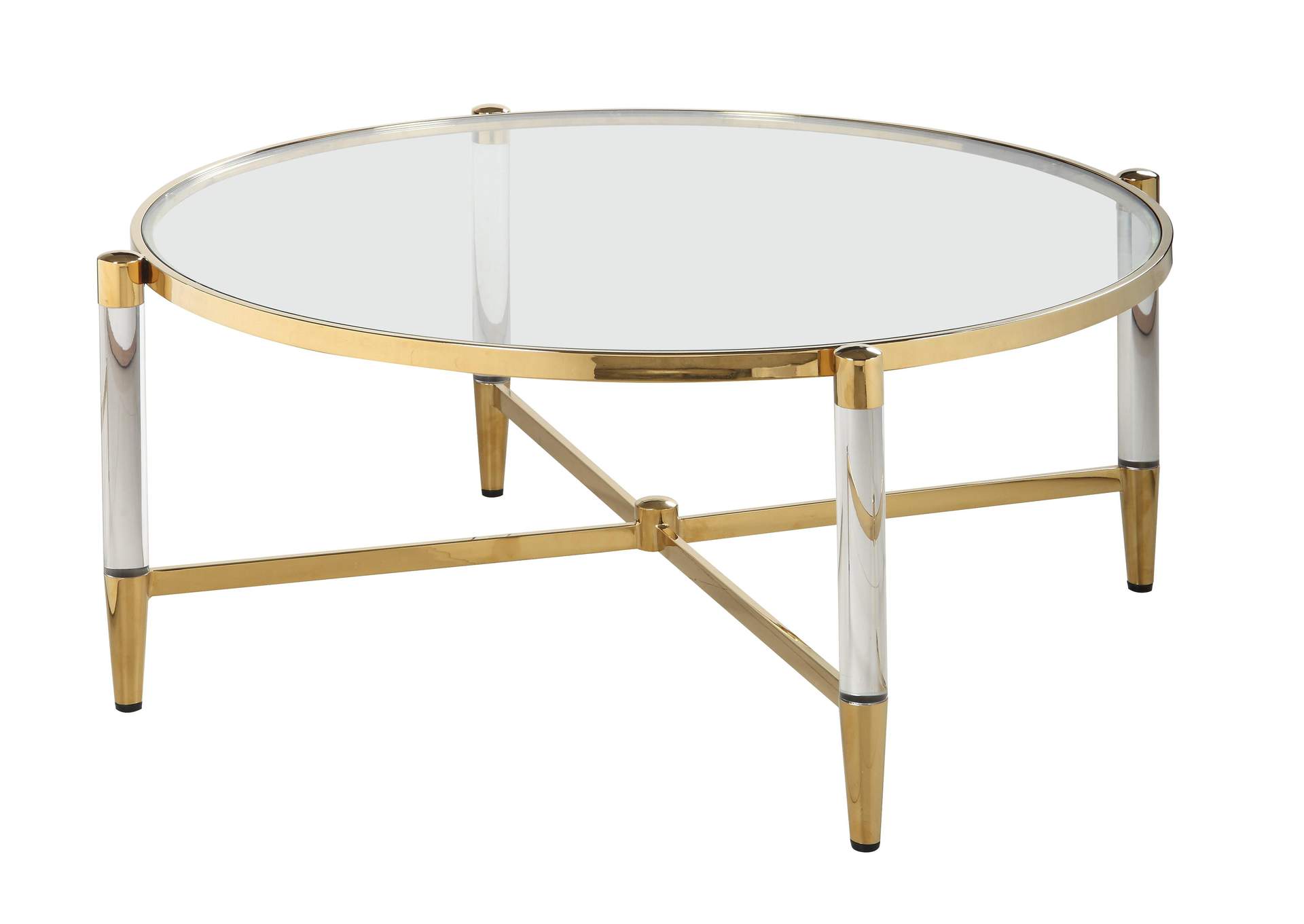 Denali Brass Round Tempered Glass Cocktail Table,Chintaly Imports